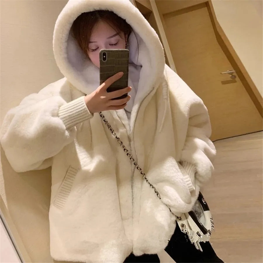 Top Warm Furry Overcoat Lambswool Casual  Hooded Women Jacket