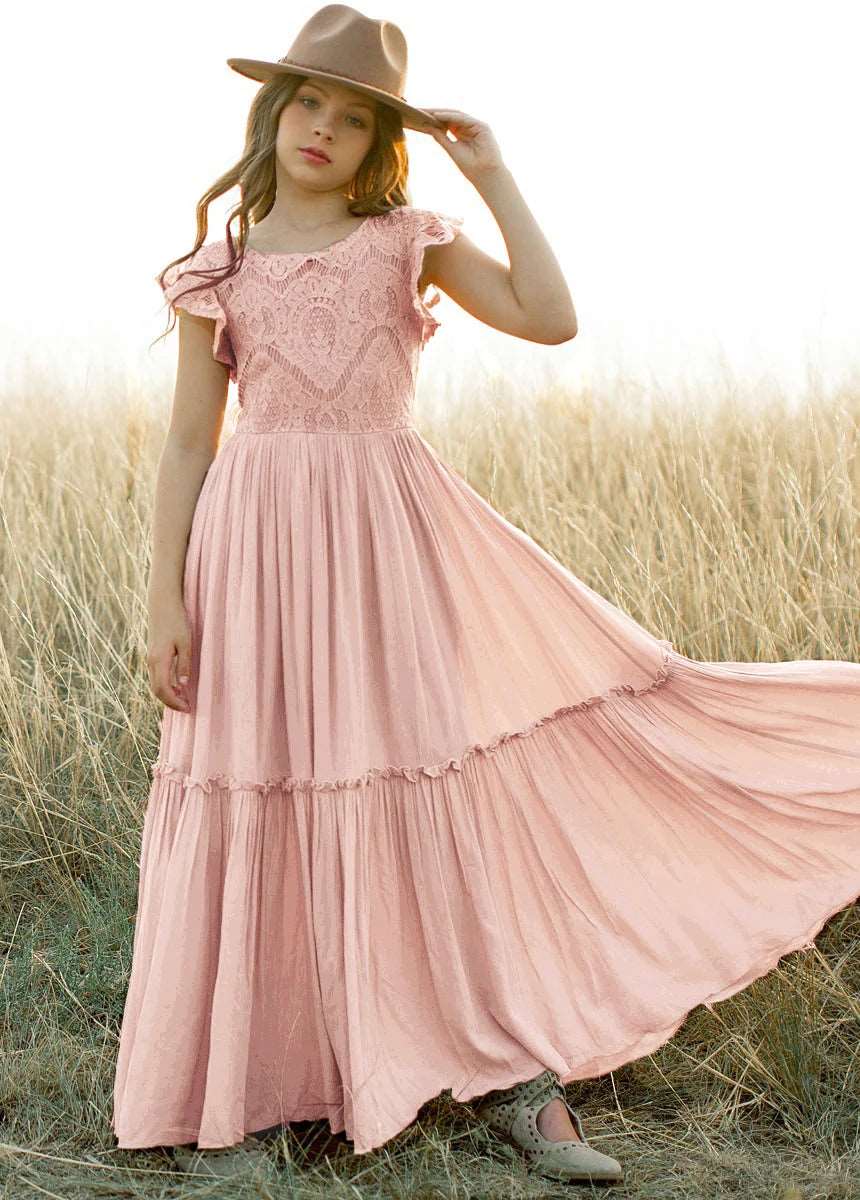 3-14 years Girls Lace Bohemia Long Dresses  Kids Flower Wedding Princess Party Dress