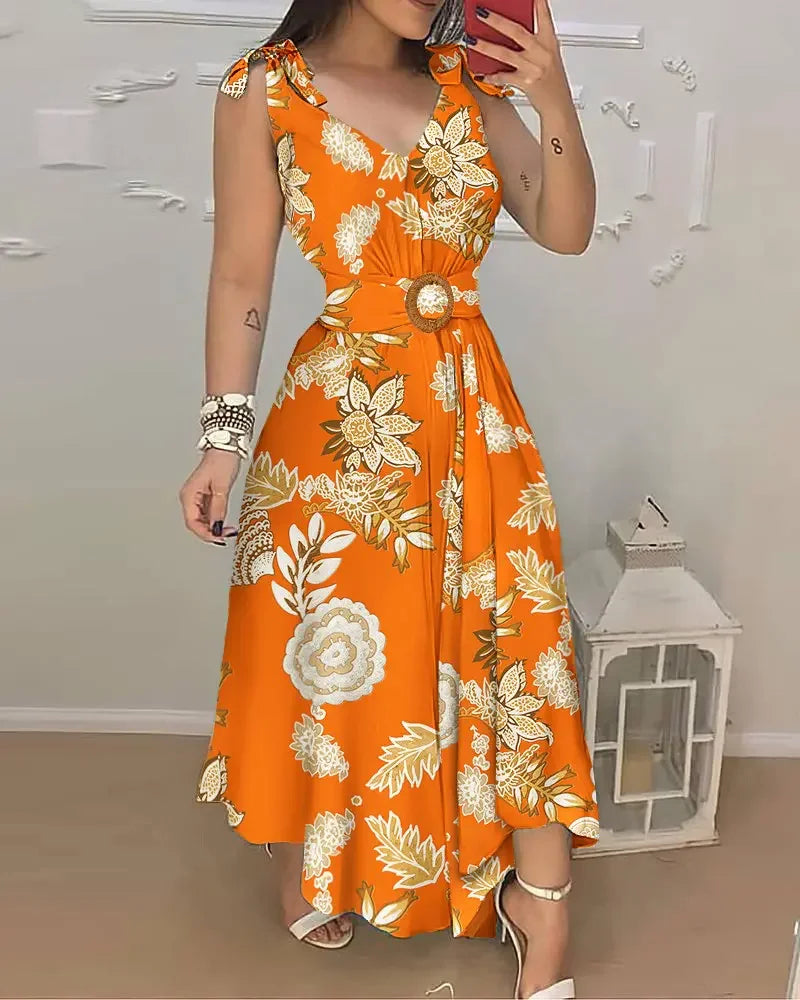 Summer Woman Casual V-Neck Floral Print Sleeveless Dress