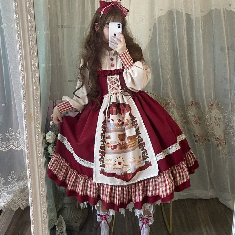 Kawaii Christmas Lolita Dress: Red Ruffle Long Sleeve