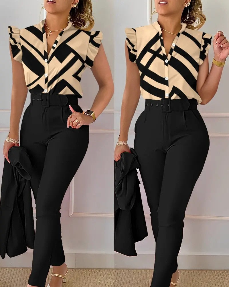 Summer Fashion Print Two Piece Set  Button Flying Sleeve Shirt Pants Two Piece Set for Women