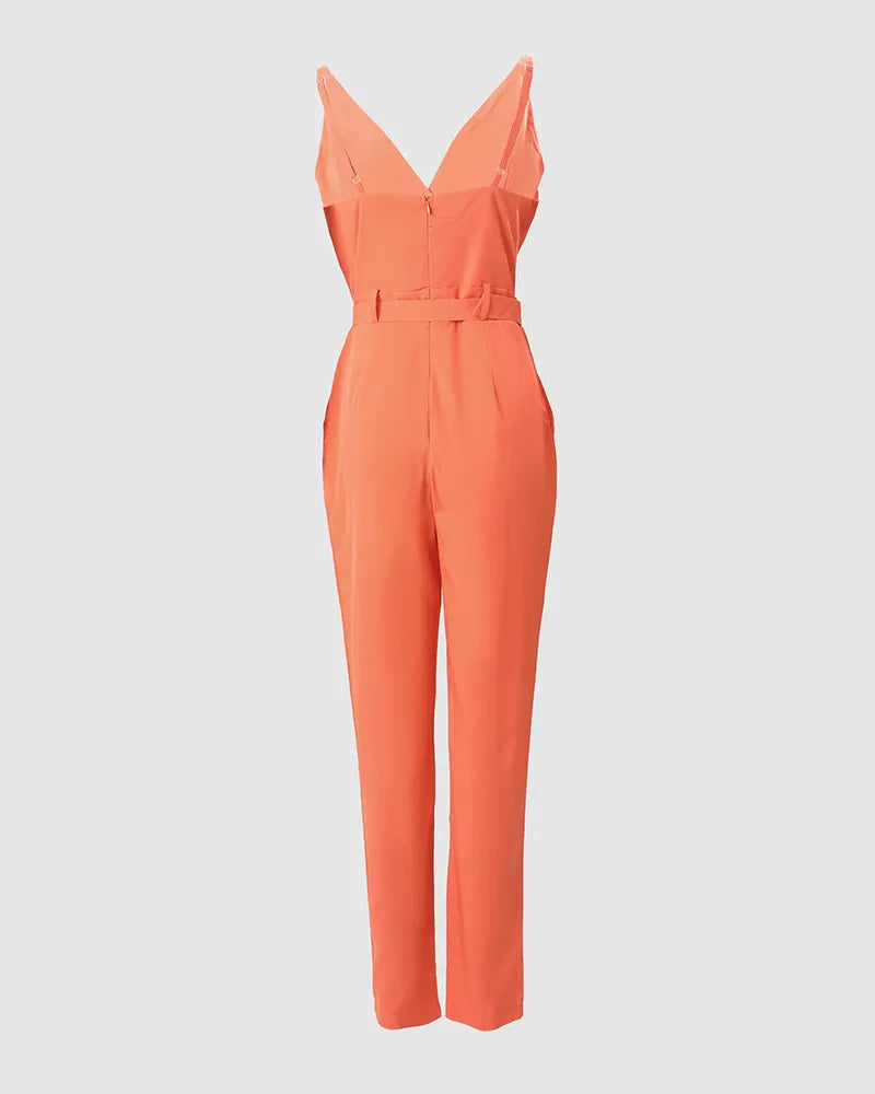 V-Neck Pocket  Jumpsuit With Belt Women's Overall Pants Summer Sleeveless Solid Color Jumpsuits