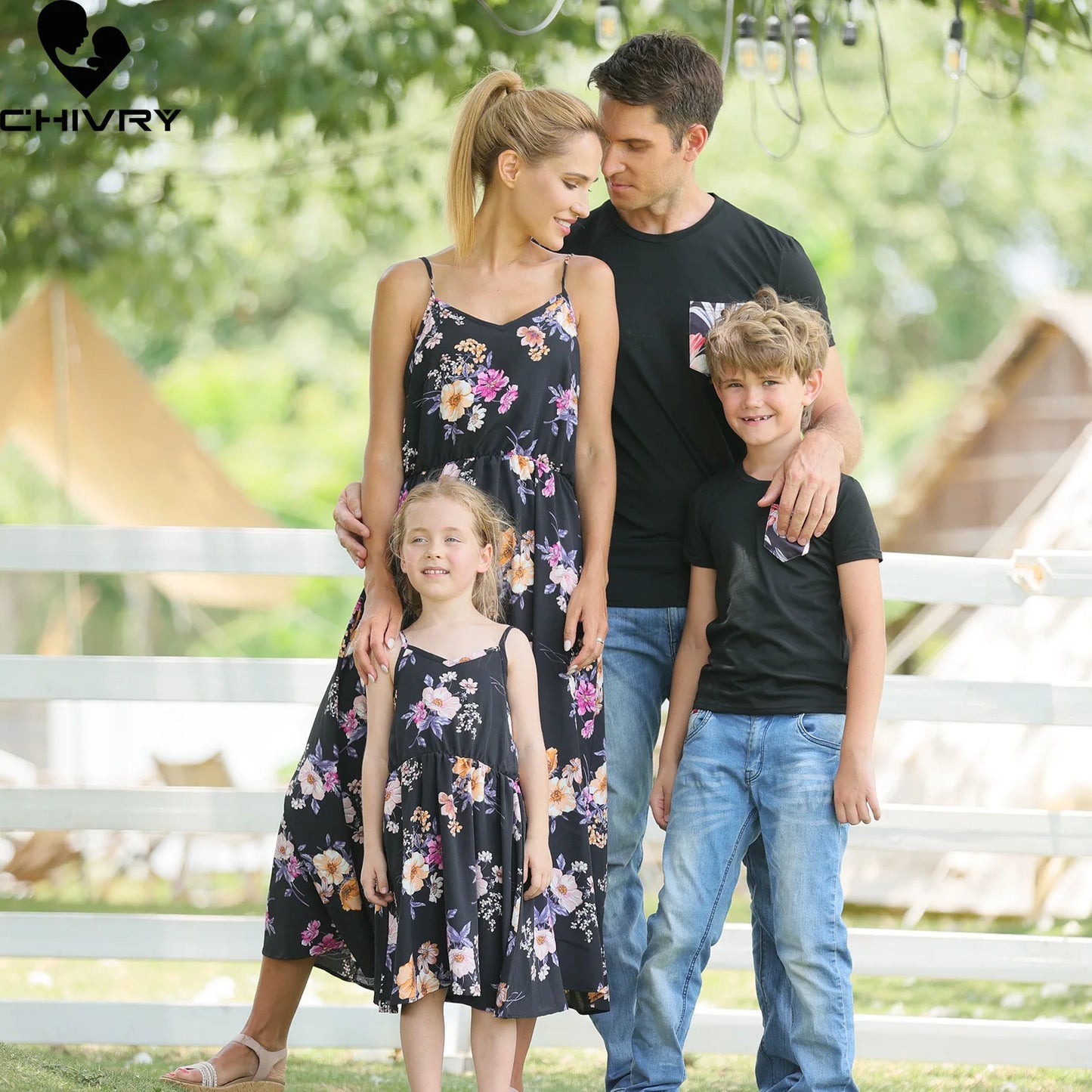 Family Holiday Wear Flower Print Mother, Father, Kids Matching Clothing Sets