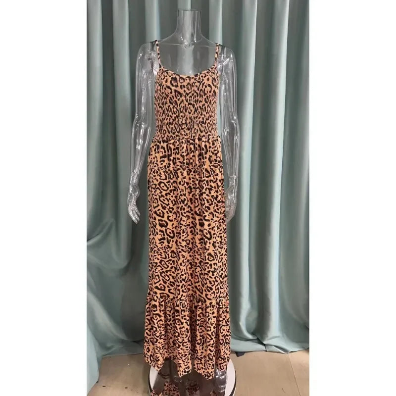 Summer Dress Sexy Fashion Sleeveless MaxiLeopard Print Camis Dress Women V-neck Brace Elasticity High-Waisted Long Dress