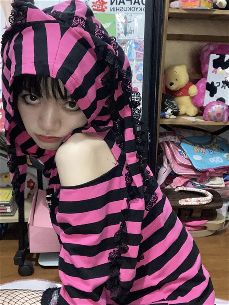 PUNK STYLE GIRL Striped Hooded Top