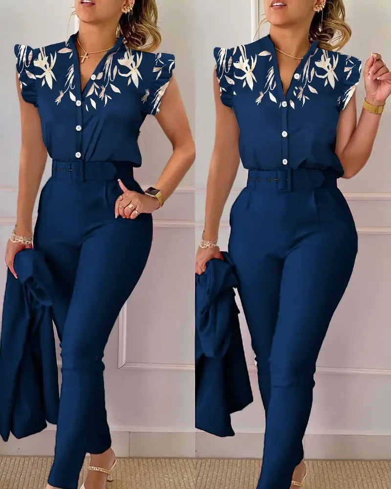 Summer Fashion Print Two Piece Set  Button Flying Sleeve Shirt Pants Two Piece Set for Women