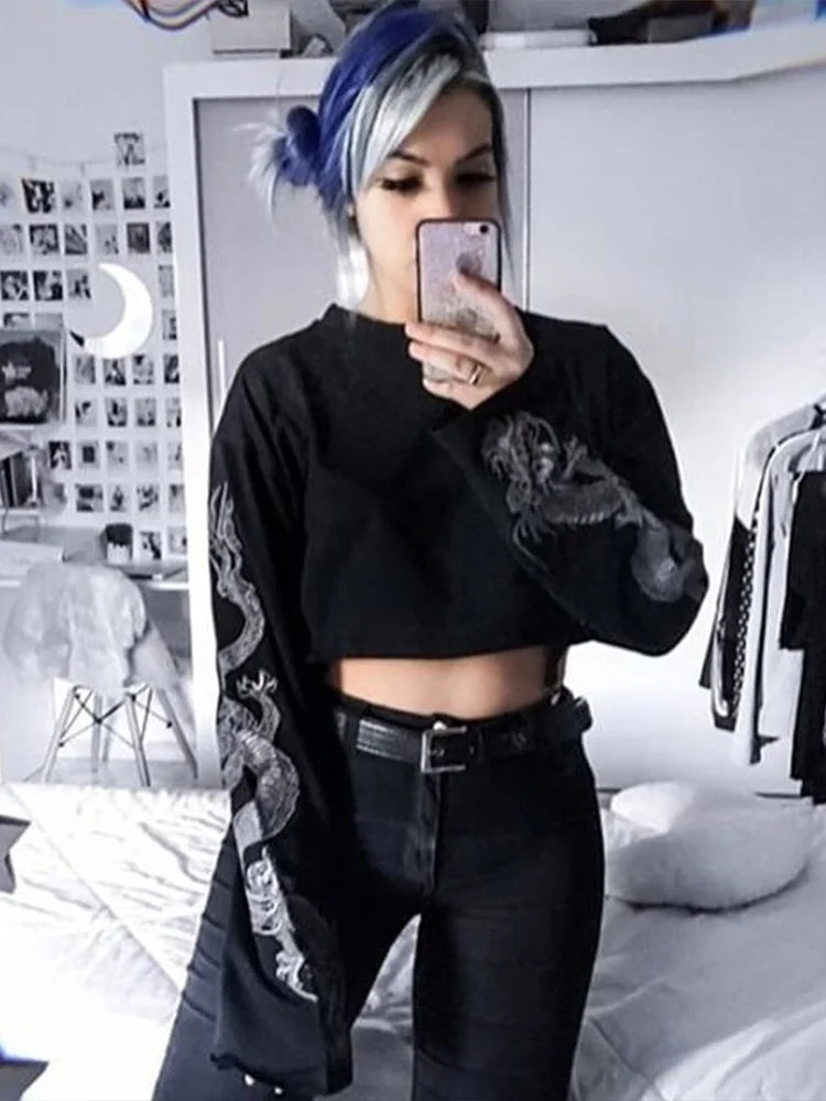 Black Crop Top Hoodie Women Gothic Punk Grunge Dragon Printed Loose Sweatshirt Pullover