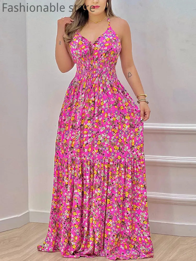 Women's Summer Print Spaghetti Strap Swing Dress