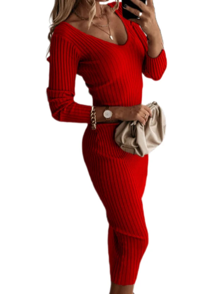 Women's Elastic Bodycon Sweater Long Sleeve Knitted  Solid V- Neck Midi Casual Pencil Dress