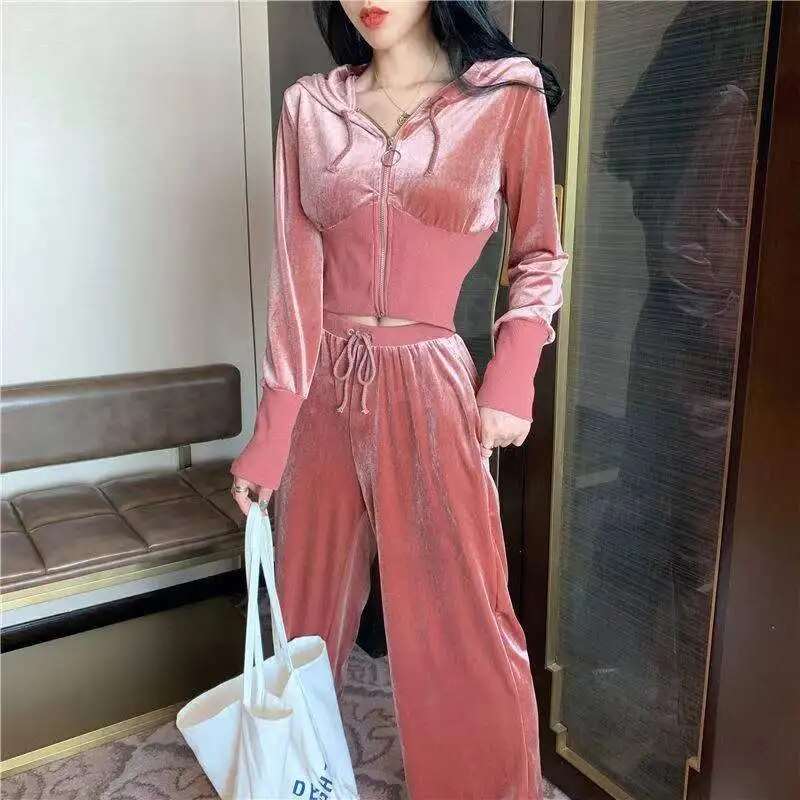 2023 Spring New Velvet Two Piece Sets  Zipper  Oversized Tracksuit  Solid Hoodie Sportswear for Women