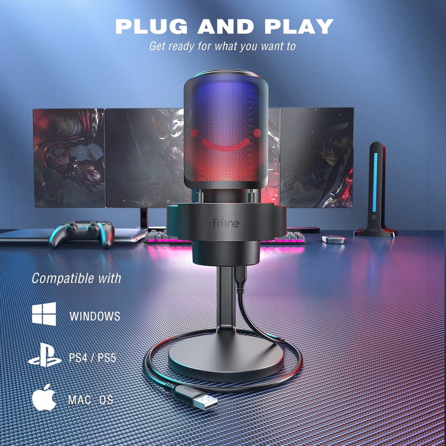 FIFINE USB Microphone for PC/Mac, Headphone Output, Touch-Mute, RGB - A8