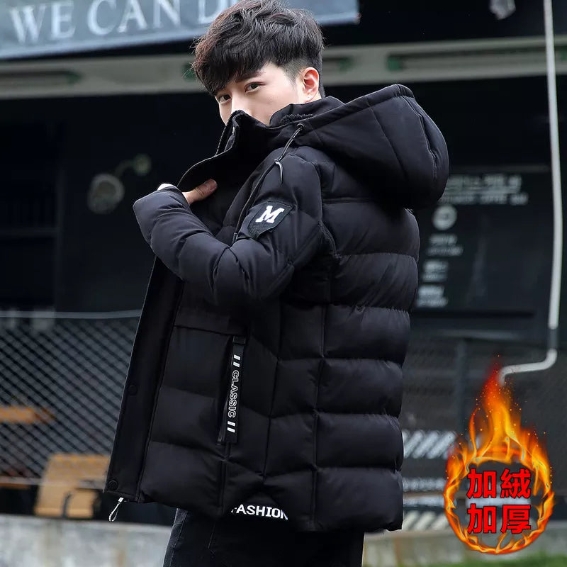 Fashion Men's Clothing Winter Hooded Warm Cotton Jacket Korean Style Youth Slim Fit Plus Velvet Thick Padded Coat Puffer Jackets