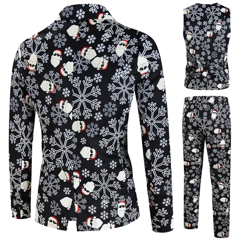 Men's Christmas Suit Snowflake Snowman Print 3-Piece Set