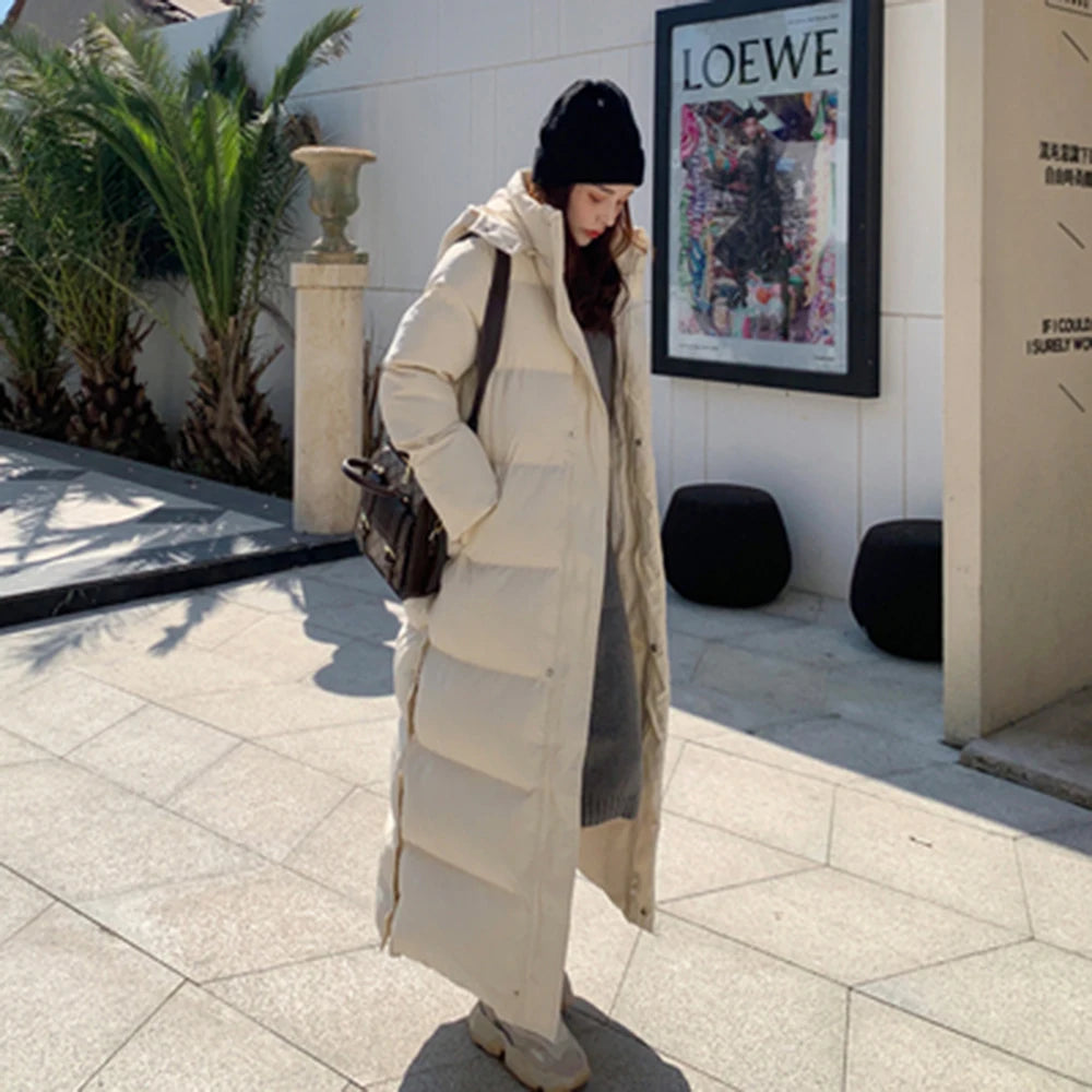 Women Down Coat Cotton Padded New Korean Design Ankle Length Thicken Warm Hooded Overcoat