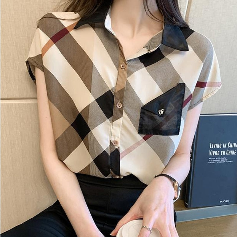 Women's Short Sleeve Chiffon Casual Pretty  Blouses Korean Plaid Buttoned Trendy Shirts Trends