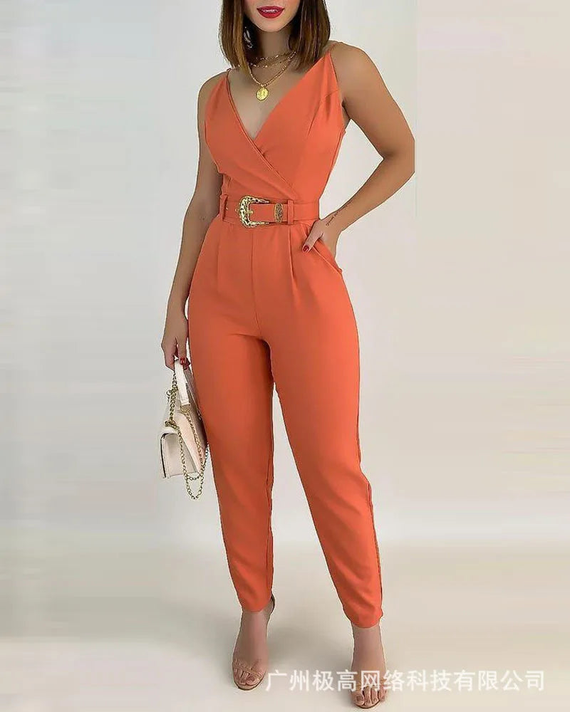 V-Neck Pocket  Jumpsuit With Belt Women's Overall Pants Summer Sleeveless Solid Color Jumpsuits