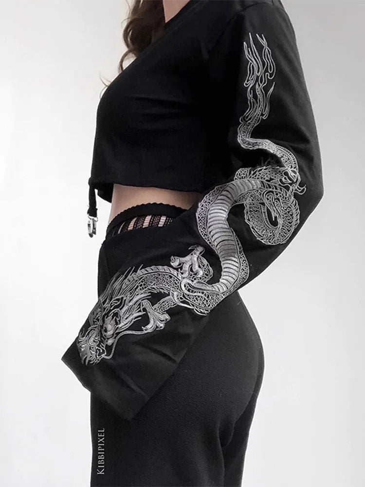 Black Crop Top Hoodie Women Gothic Punk Grunge Dragon Printed Loose Sweatshirt Pullover