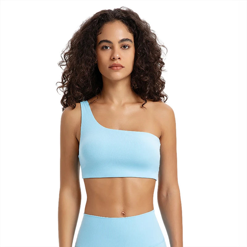 Ribbed One Shoulder Push Up Fitness Sports One  Out Backless Workout Crop Top