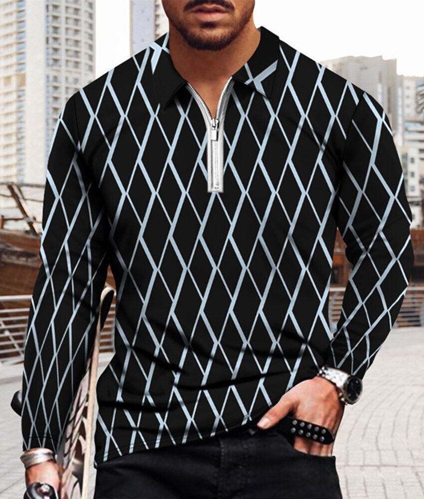 Men's Casual Long Sleeve Polo Shirts T-Shirt Men Tops Street Golf Clothing Geometric Print