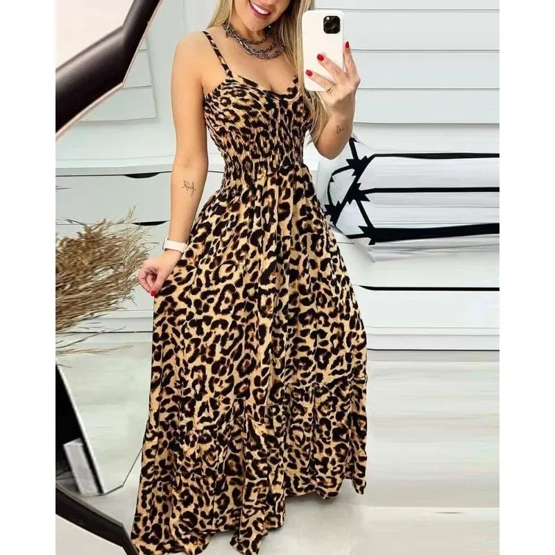 Summer Dress Sexy Fashion Sleeveless MaxiLeopard Print Camis Dress Women V-neck Brace Elasticity High-Waisted Long Dress