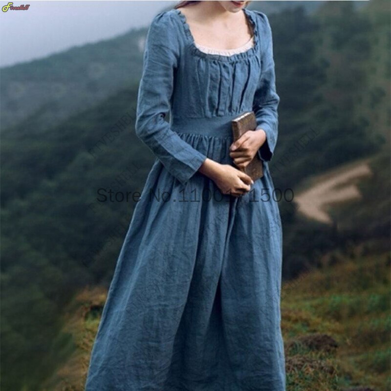 Women Medieval Victorian Retro Dress Square Collar Long Sleeves High Waist French Apparel Long Dress