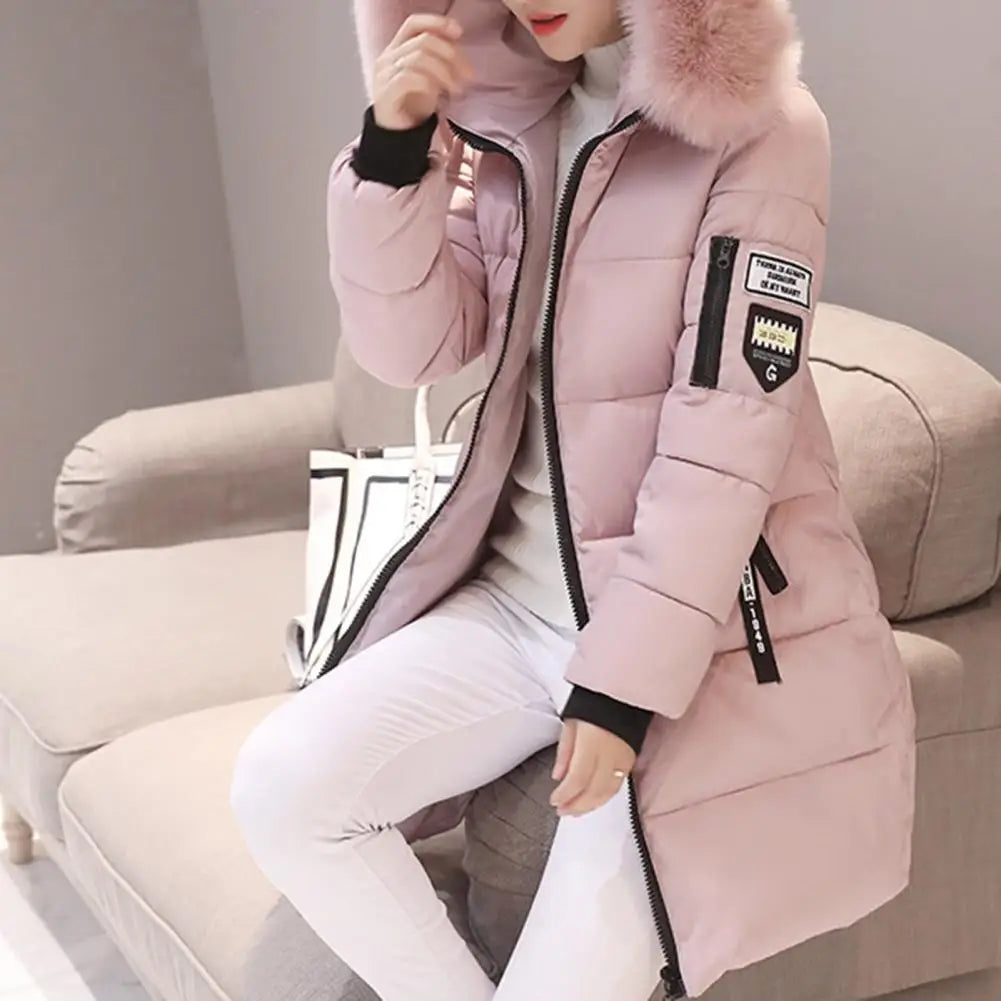 Women's Cotton Coat Hooded Mid Length Windproof Warm Long Sleeve Jacket