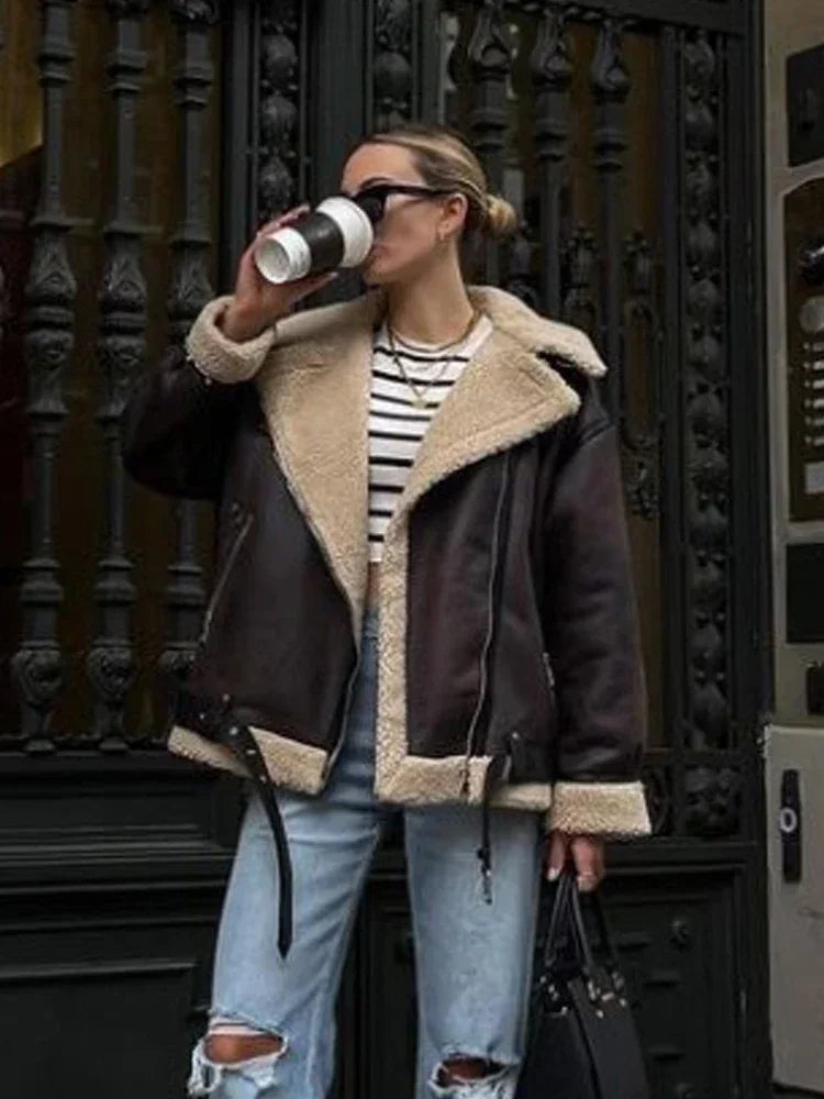 New Fashion Faux Fur Jacket with Zipper Women Long Sleeve Double-sided Warm Jackets for Female