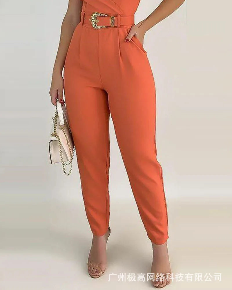 V-Neck Pocket  Jumpsuit With Belt Women's Overall Pants Summer Sleeveless Solid Color Jumpsuits