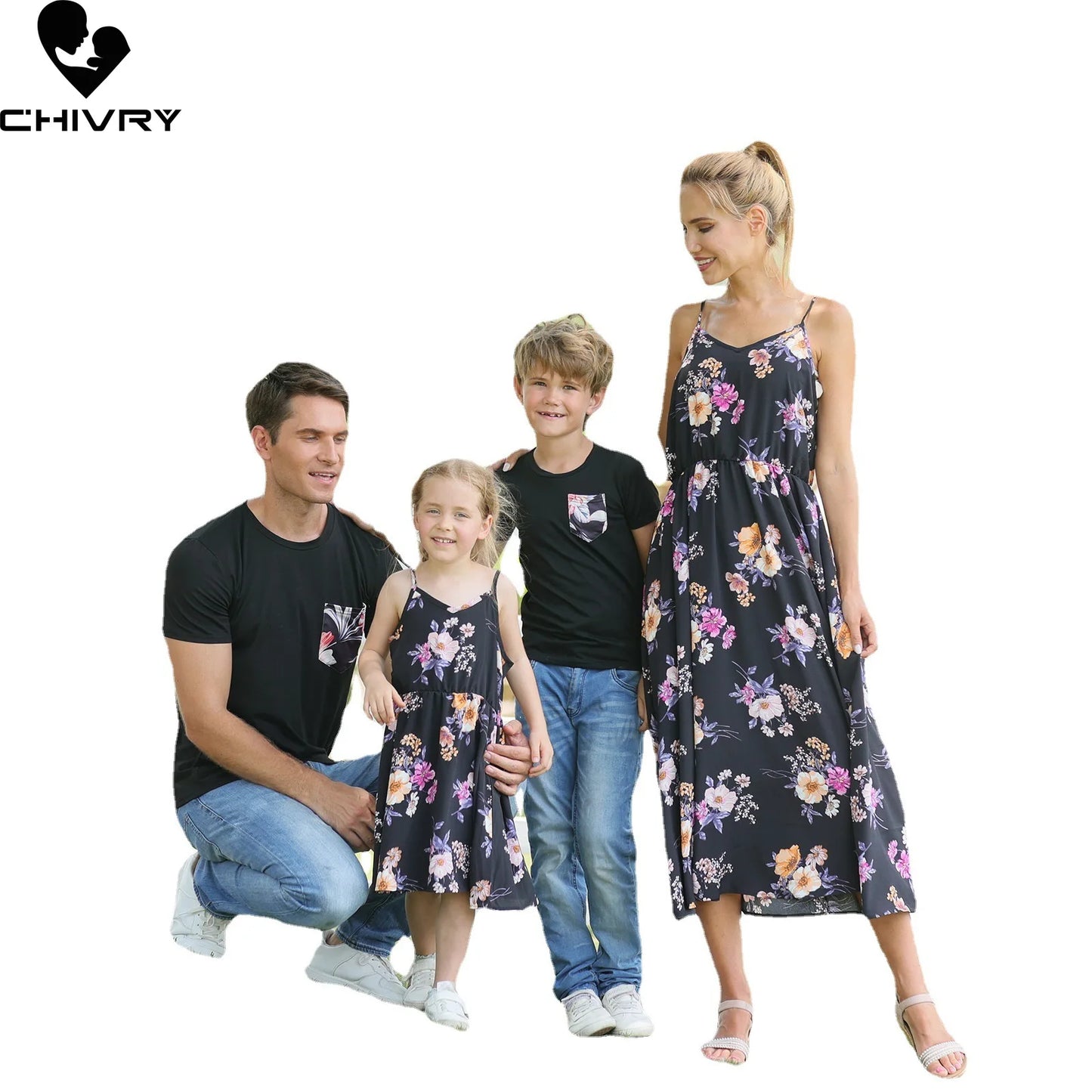 Family Holiday Wear Flower Print Mother, Father, Kids Matching Clothing Sets