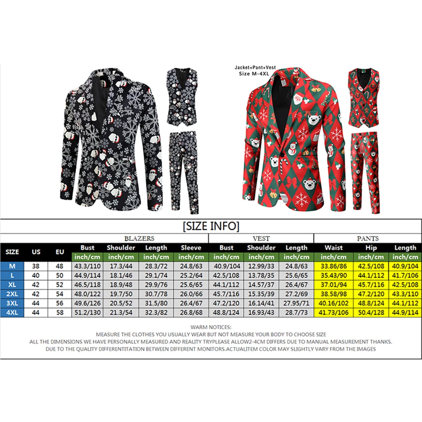 2024 New Year Breasted Vest 3Pcs Business Men Christmas Print Suit