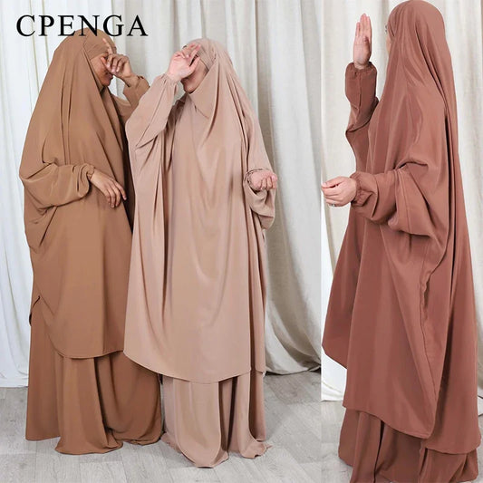 Two Piece Sets Muslim Women Hijab Dress Prayer Garment Long Ramadan Eid Plain Islamic Robe