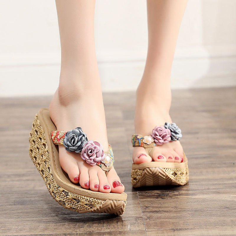 High Heel Women Wedge Non-Slip Outdoor Slipper Summer Beach Shoes Floral Flip-Flop Ladies Sandals