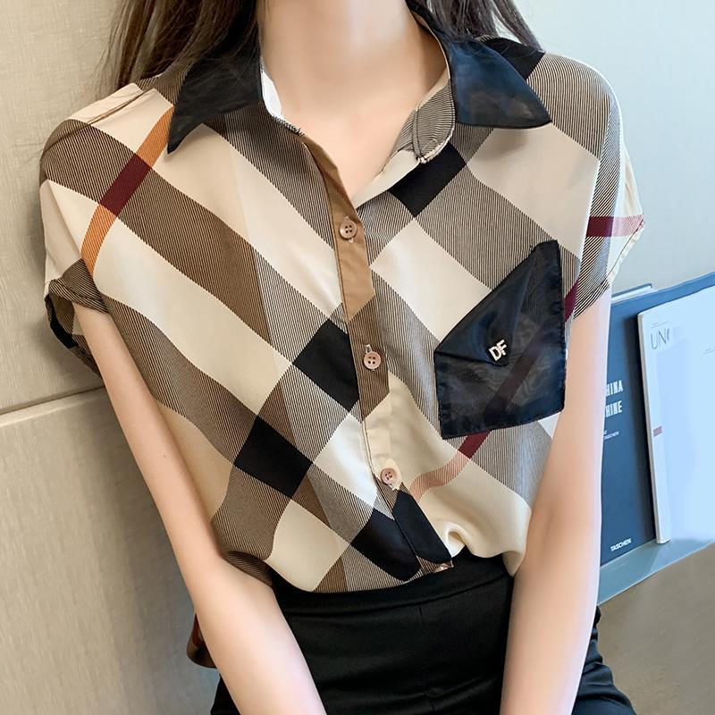 Women's Short Sleeve Chiffon Casual Pretty  Blouses Korean Plaid Buttoned Trendy Shirts Trends