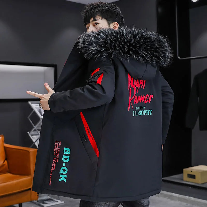 Autumn Winter New Men's Plush Thicken Windbreaker Streetwear Mid-Long Length Warm Fleece Jacket