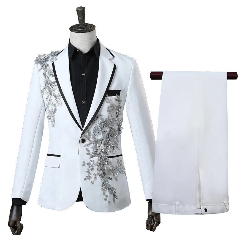 Elegant Appliqued Two-piece Men's Suit for Wedding Banquet Host Dance Prom Christmas Costume