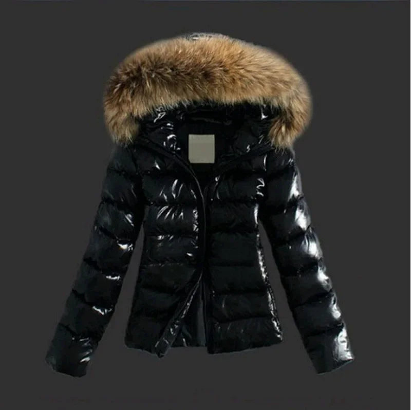 Women's Winter New Fashion Casual Slim Cotton Jacket Faux Fur Collar and Hooded Warm Leather Jacket with Zipper