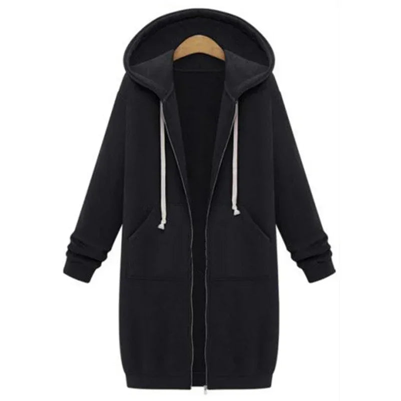 Autumn Winter Women Long Warm Hooded Sweatshirt Coat Casual Pockets Zip Up Jacket