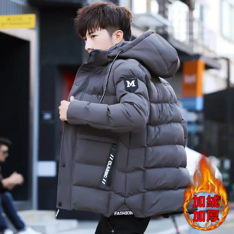 Fashion Men's Clothing Winter Hooded Warm Cotton Jacket Korean Style Youth Slim Fit Plus Velvet Thick Padded Coat Puffer Jackets