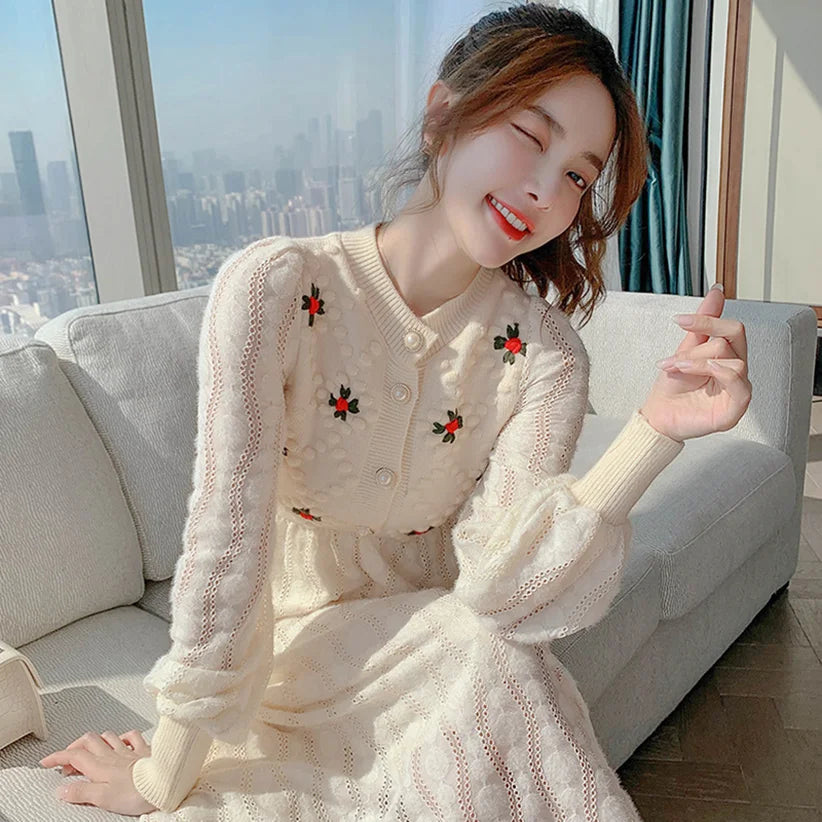 Maxi Dresses Korea Style Slim Embroidery Wool Long Sleeve for Woman