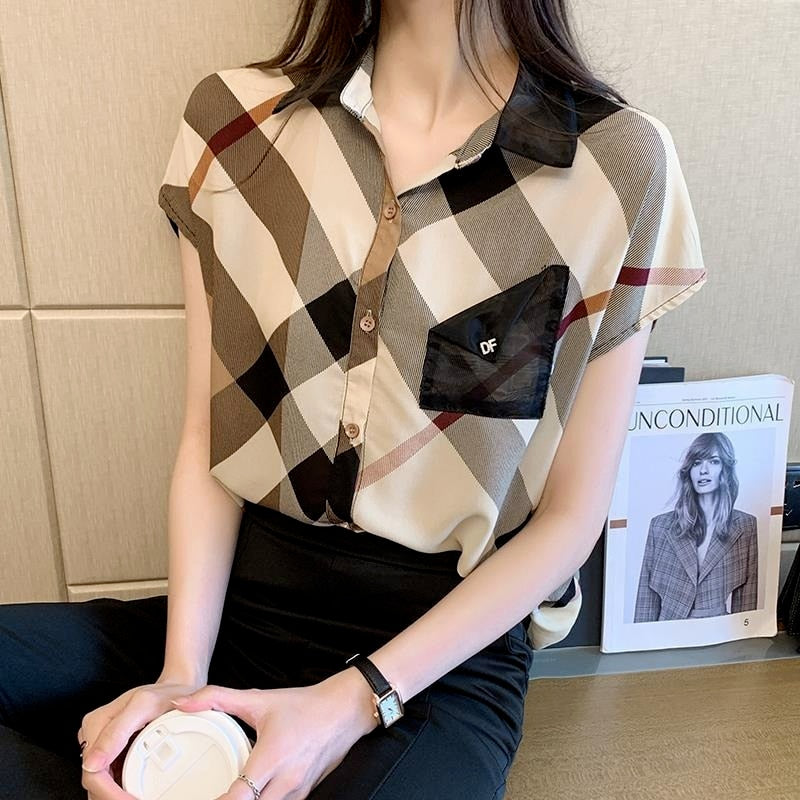 Women's Short Sleeve Chiffon Casual Pretty  Blouses Korean Plaid Buttoned Trendy Shirts Trends