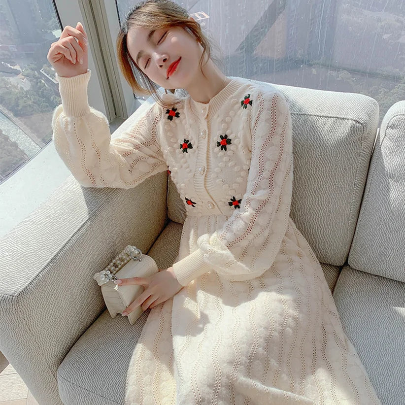 Maxi Dresses Korea Style Slim Embroidery Wool Long Sleeve for Woman