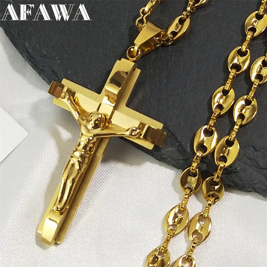 Jesus Cross Crucifix Pendant Necklace for Men Stainless Steel Gold Color Jewellery