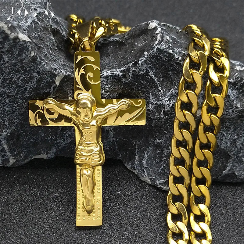 Hip Hop Christian Cross Stainless Steel Gold Color Long Necklace for Women/Men