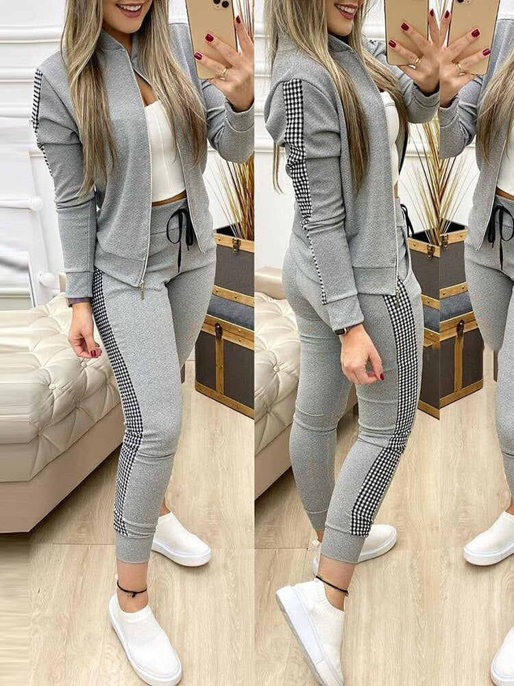 Women's Elegant Two-Pieces Tracksuit Sets Stylish Greek Fret Print Coat and Bottom