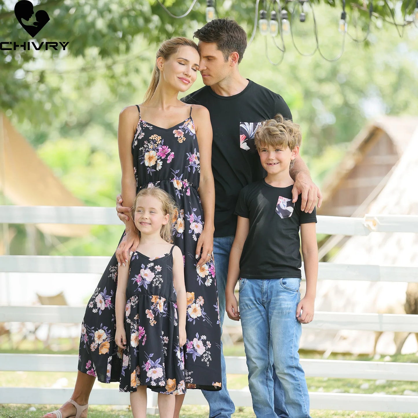 Family Holiday Wear Flower Print Mother, Father, Kids Matching Clothing Sets