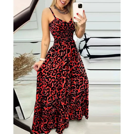 Summer Dress Sexy Fashion Sleeveless MaxiLeopard Print Camis Dress Women V-neck Brace Elasticity High-Waisted Long Dress