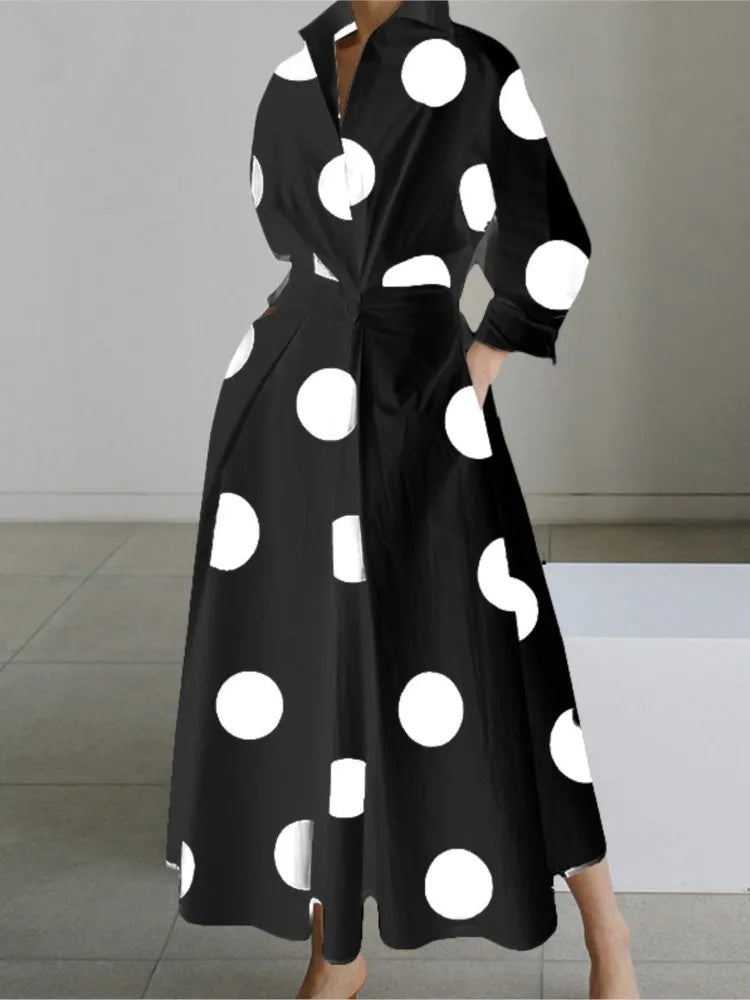 Long Sleeve Dot Print V- Neck Elegant Maxi Dresses For Women