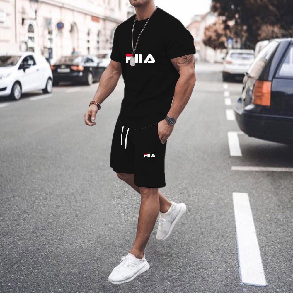 Two Piece Sets Short Sleeve T-shirts+Shorts FILA brand  Cotton Summer Tracksuit for men