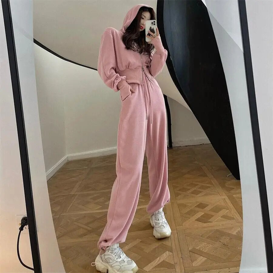 New Two Piece Sets Women Zipper Tracksuit Trouser Suits Female Solid Sports Hoodie Clothes