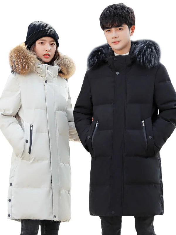 Winter Couple Down Puffer Jacket – Casual Hooded Long Parka